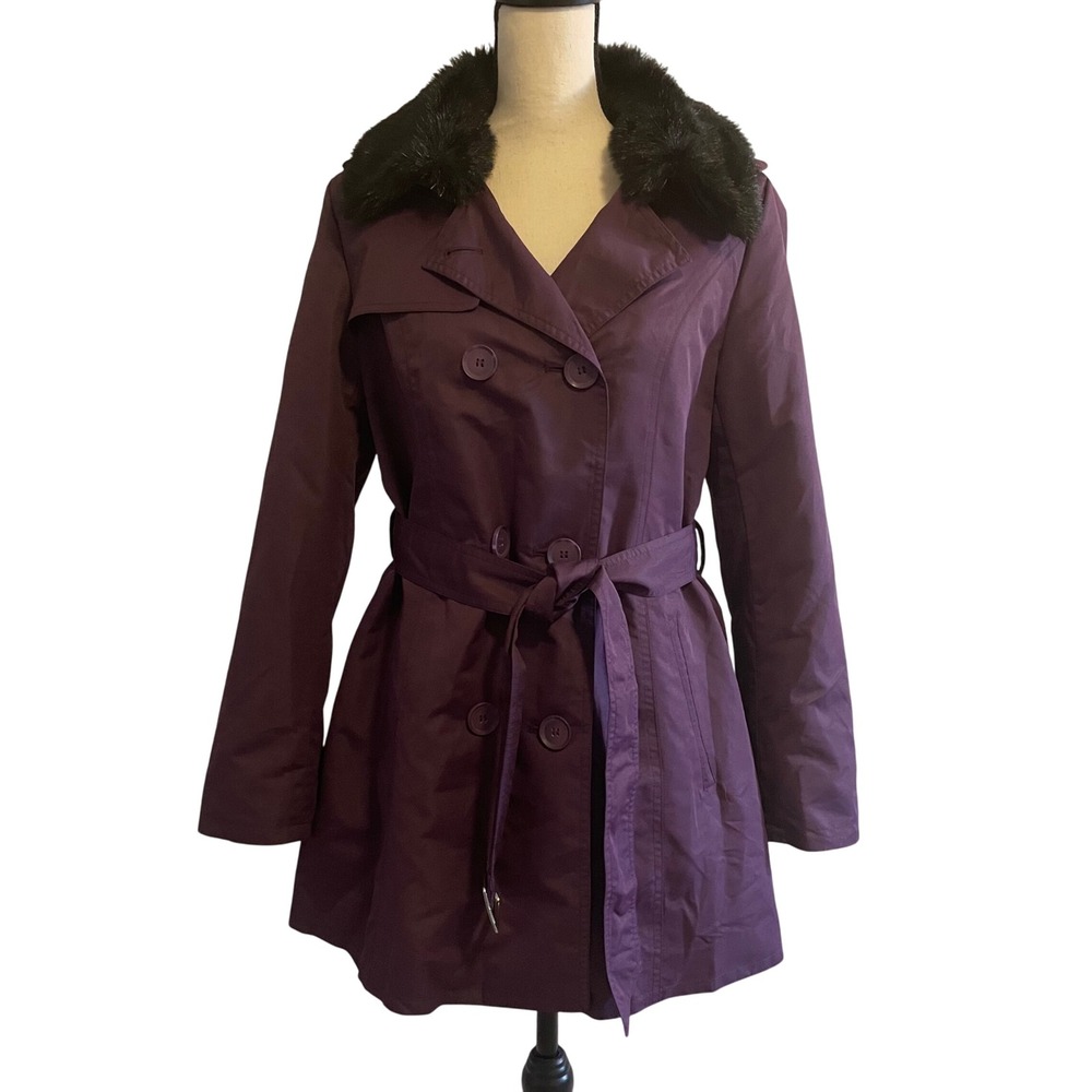 Pamela Mccoy Collection‎ Purple Double Breasted Trench Coat Faux Fur Collar Sz S